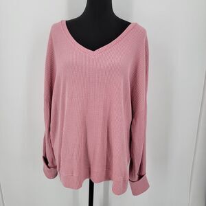 Sanctuary Top Women's Size 1X Waffle Knit V Neck Long Sleeve Pink Blouse NEW